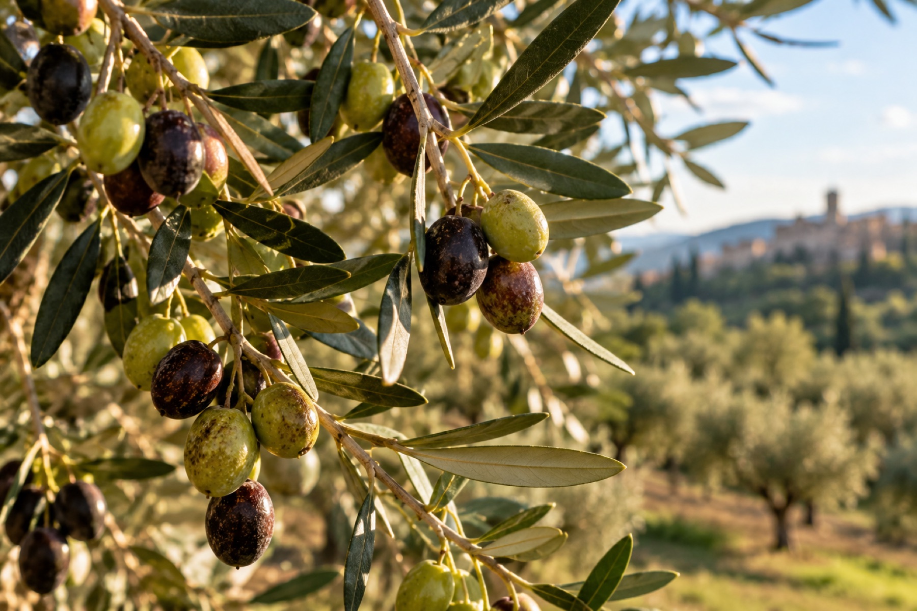 Rami di olivo carichi di olive al tramonto, con un borgo collinare sullo sfondo